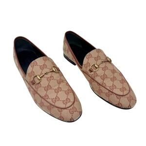 Gucci Jordaan Tan Brown GG Logo Canvas Horsebit Loafers 38.5 Monogram Flats